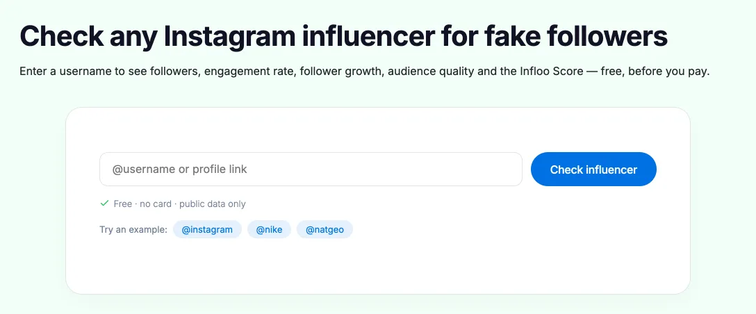 Infloo influencer audit page with the username field before a check is run