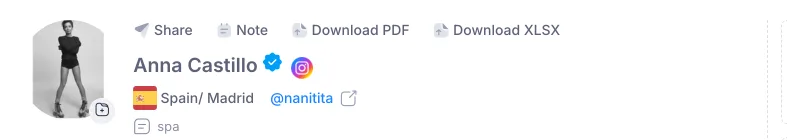 Infloo profile actions: share, note, download PDF and download XLSX