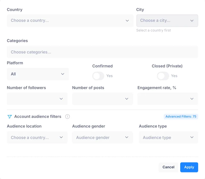 Infloo filter panel with country, city, category, follower, engagement and audience filters