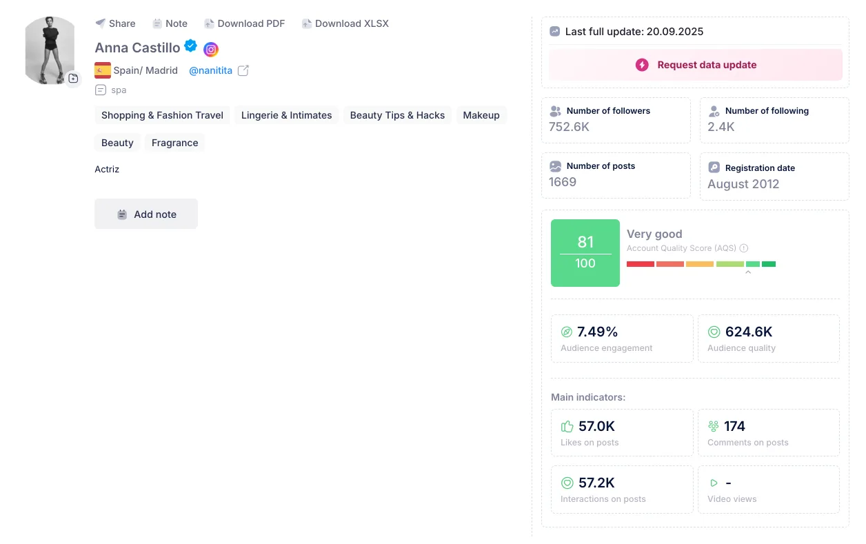 Infloo influencer profile with 752.6K followers and an Account Quality Score of 81 out of 100