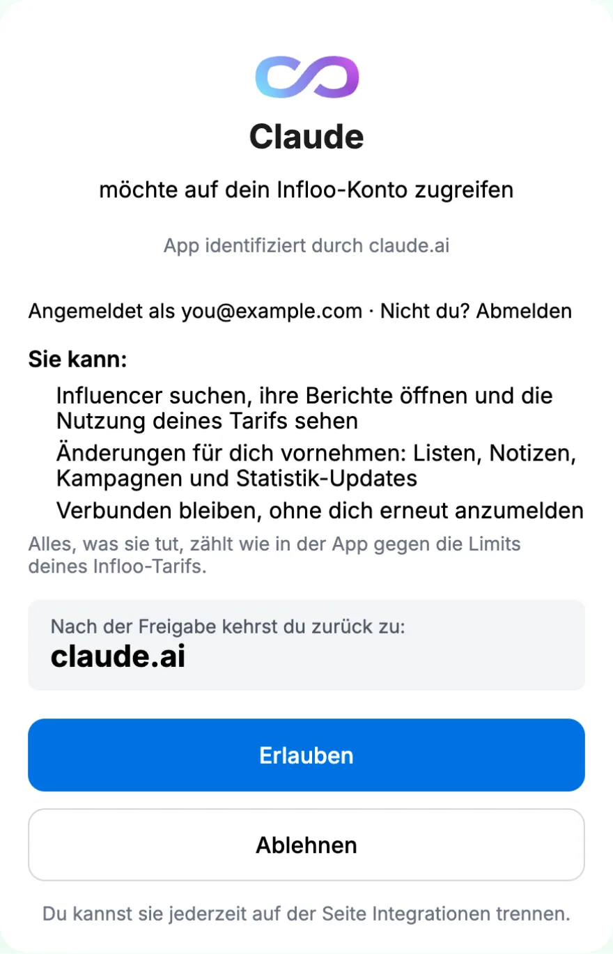 Der Zustimmungsbildschirm von infloo: Claude bittet um Zugriff auf Ihr Konto und zeigt, was es tun darf