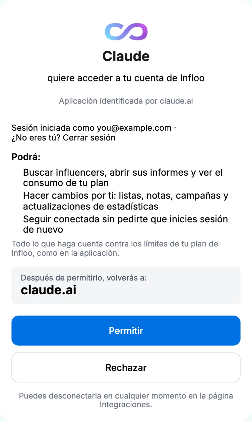La pantalla de consentimiento de infloo: Claude pide acceso a tu cuenta y muestra lo que podrá hacer