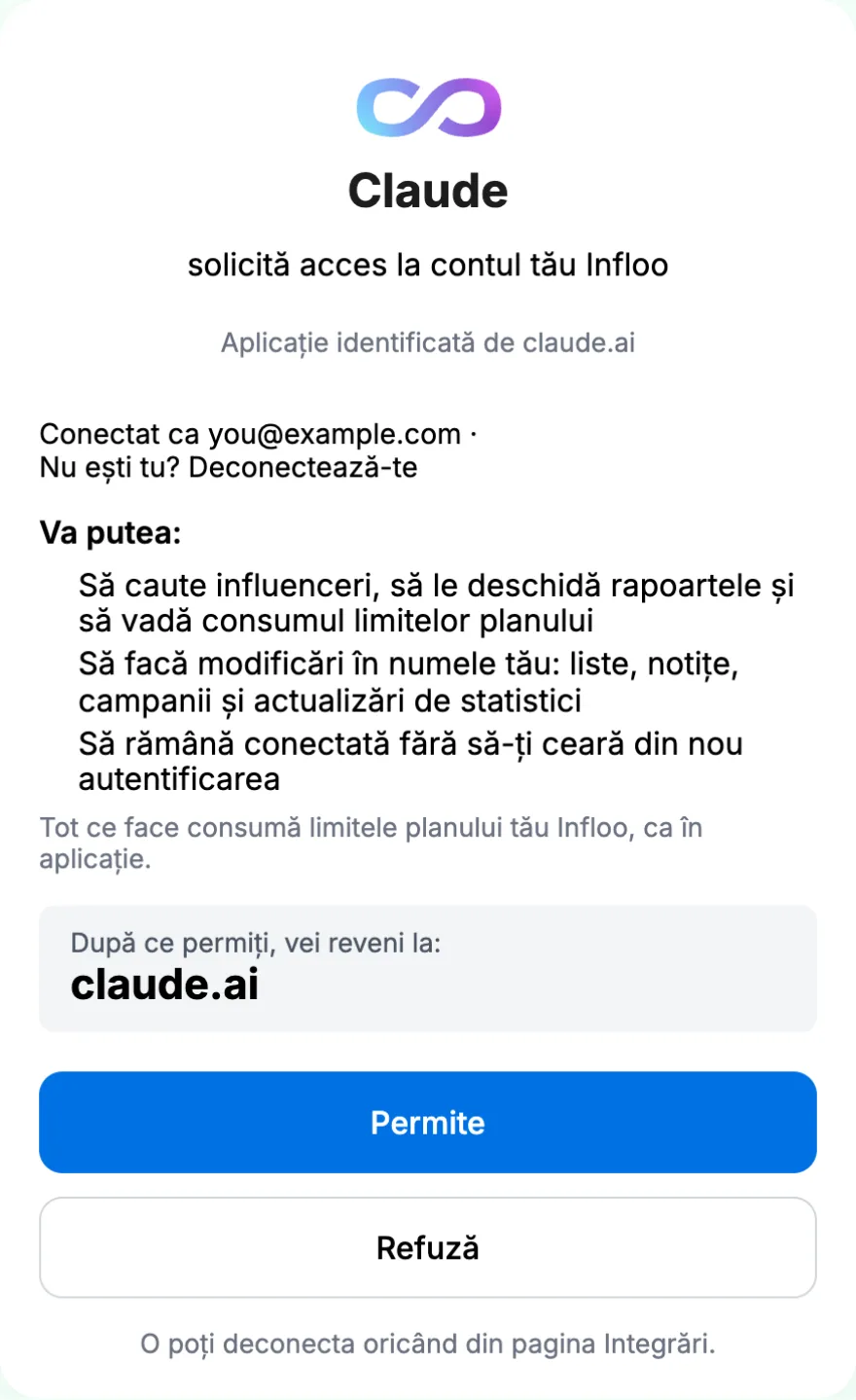 Ecranul de consimțământ infloo: Claude cere acces la cont și arată ce va putea face