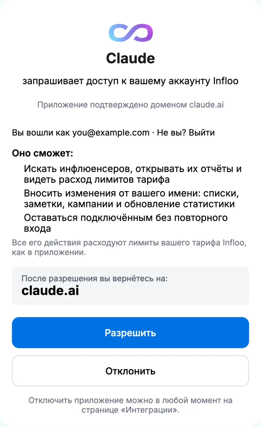 Экран согласия infloo: Claude запрашивает доступ к аккаунту и показывает, что сможет делать