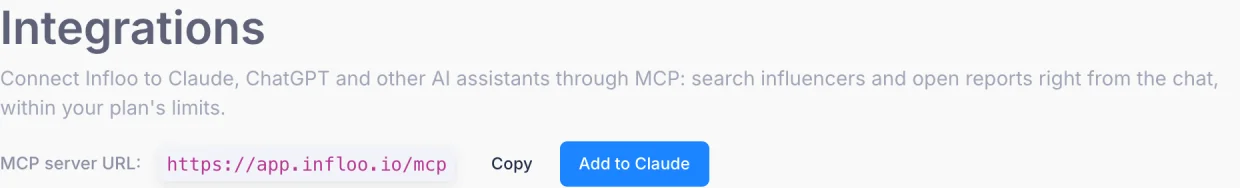 The Integrations page of an infloo account with the MCP server URL and the Add to Claude button