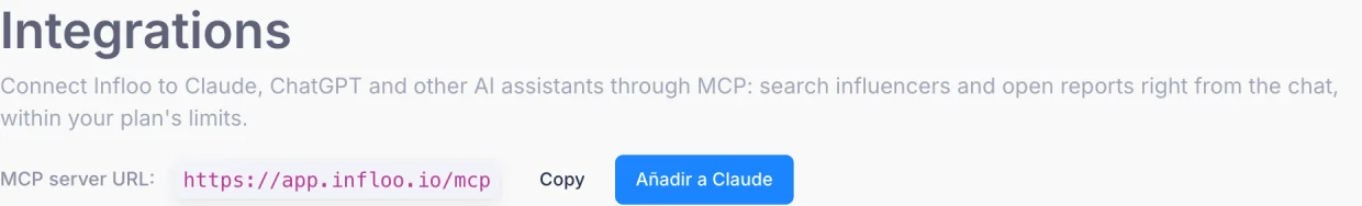 La página «Integrations» de una cuenta de infloo con la URL del servidor MCP y el botón «Añadir a Claude»